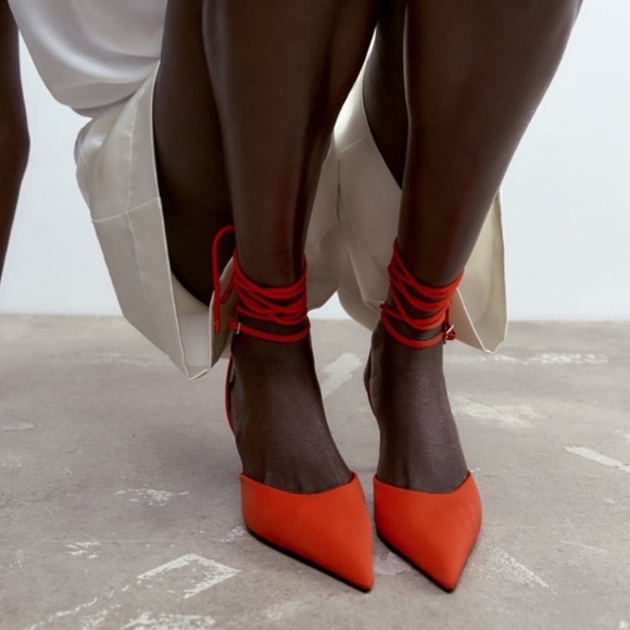 Zara brand new limited edition orangish Red fabric strappy heels you cannot miss